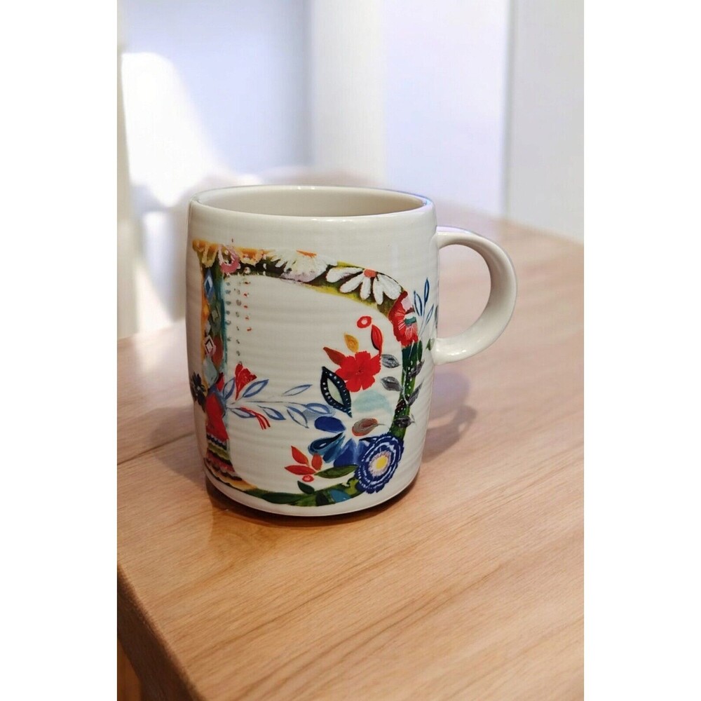 ANTHROPOLOGIE Starla M. Halfmann Letter D Monogram Floral Coffee Tea Cup Mug
